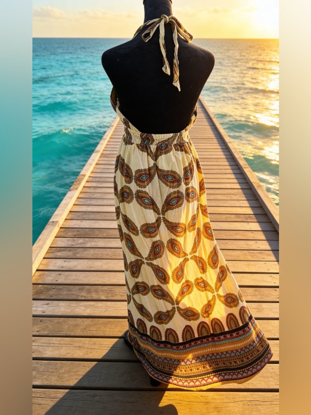 XXI Cream Halter Maxi Dress with Boho Print Size Large - Picture 2 of 6
